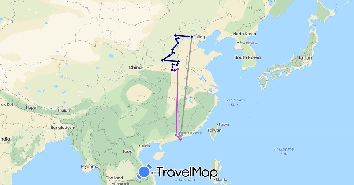 TravelMap itinerary: driving, plane, train in China, Hong Kong (Asia)